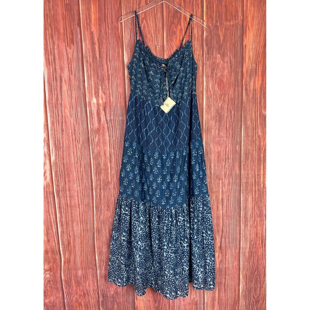 FAHERTY Sun Chaser Organic Cotton Silk Sunburst Tassel Boho Tiered Maxi Dress - Picture 2 of 9
